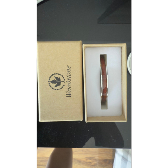 Women's Woodstone One Size Silver & Brown Wood Inlay Cuff Bracelet BNIB - Picture 1 of 4